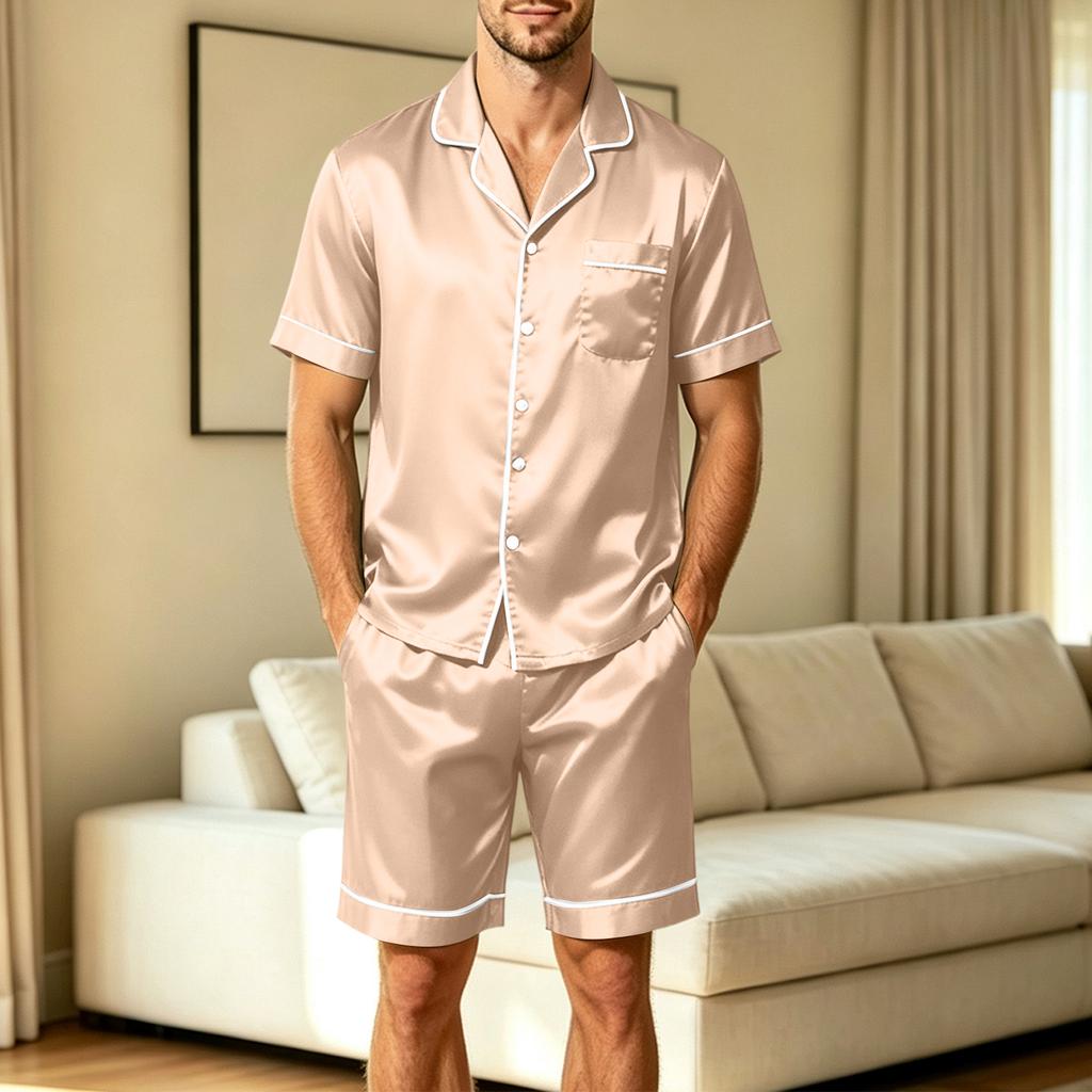 Men's Short Sleeve Pajama Set with Chest Pocket and Two Pocket Shorts for Casual Sleepwear