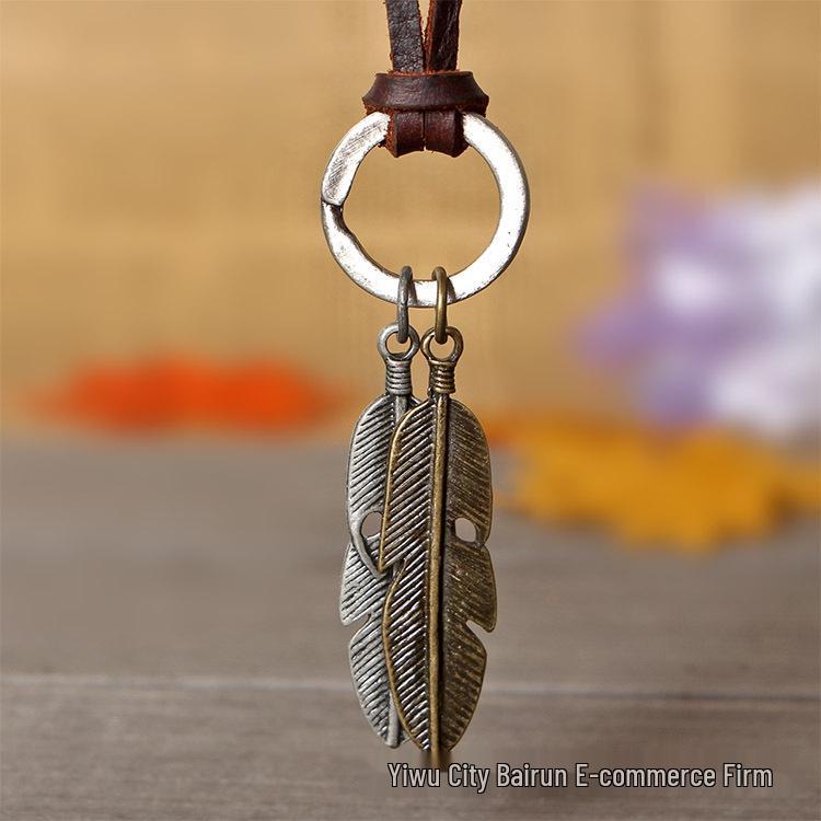 Alloy Two-Circle Pendant Necklace with Genuine Leather Cowhide Cord