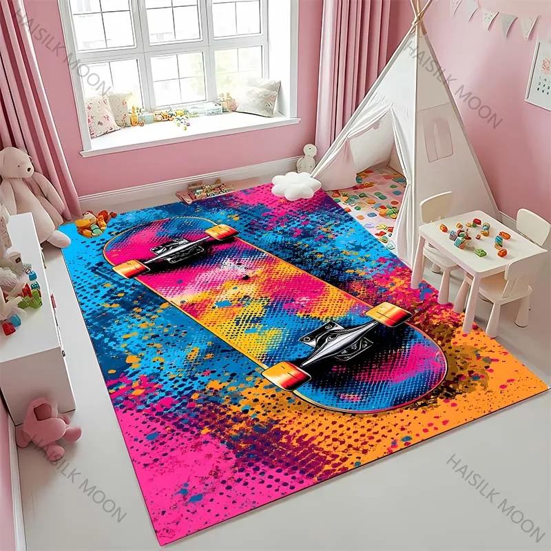 1 Stück Junge Mode Skateboard Print Bereichsteppich, Teppich für Zuhause Wohnzimmer Kinderzimmer Sofa Dekor, Kinder Spiel Rutschfeste Bodenmatte