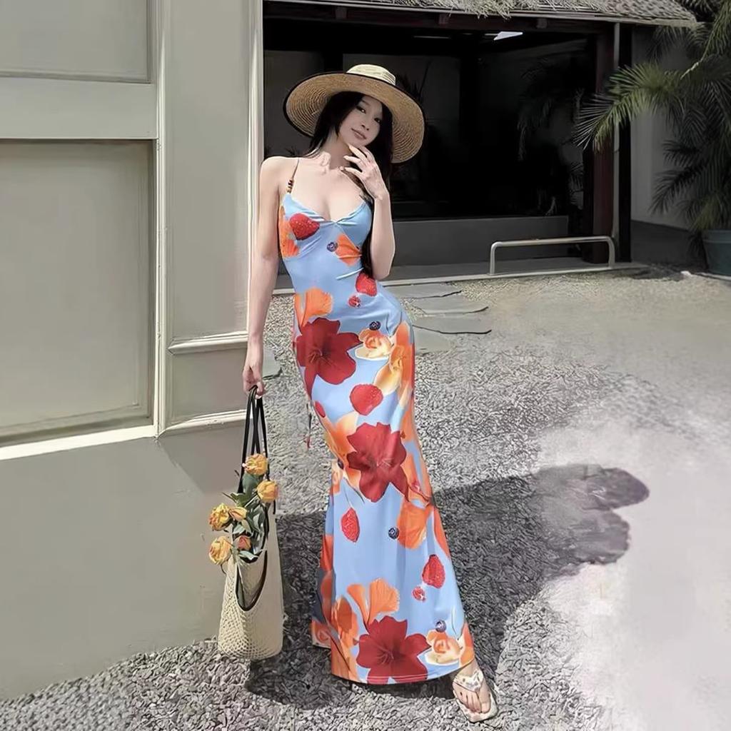 Island Vacation Style Printed Camisole Dress for Women, New Dopamine Style, Sexy Backless Body-hugging Dress