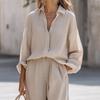Damen Casual Zweiteiler Outfit Langarm Button-Down T-Shirt und Weitbein Hose Set Herbst Frühling Lounge Set