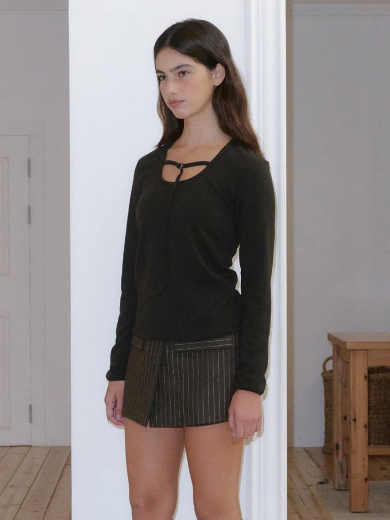 KIJUN Belted U-Neck Top Dark Brown