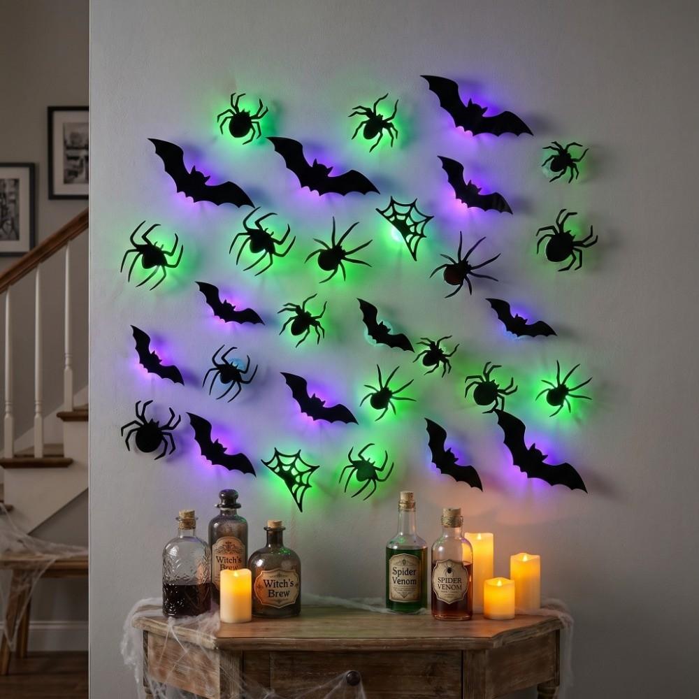 3D Bat LED Glow Wall Stickers Purple Green Lights Waterproof Halloween Spider Atmosphere Lamp Glow In The Dark Lighted Stickers