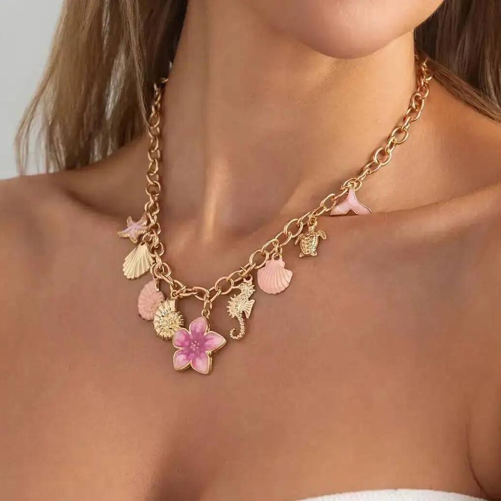 IngeSight.Z Sweet Romantic Starfish Shell Pink Flower Pendant Choker Necklace Women Summer Beach Charm Aesthetics Jewelry Gift