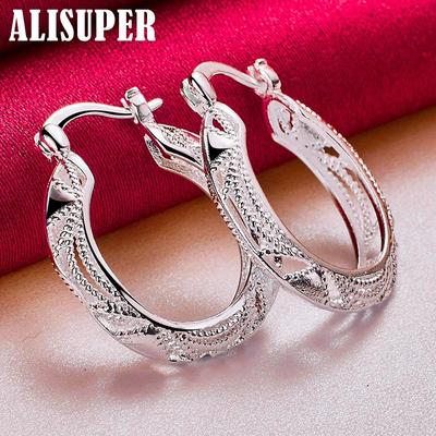 925 Sterling Silver Retro Hollow Flower 30mm Hoop Earring Jewelry
