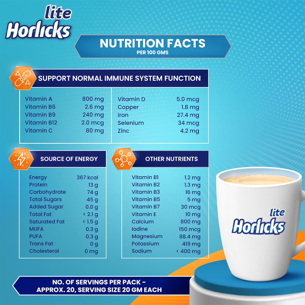 Horlicks Lite Badam Flavour Health & Nutrition Drink Powder for Adults 450 g High Protein No Added Sugar