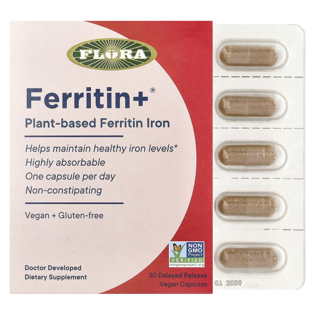 Ferritin+®, Plantebasert ferritinjern, Veggkapsler med forsinket frigivelse, 30 (20 mg per kapsel)