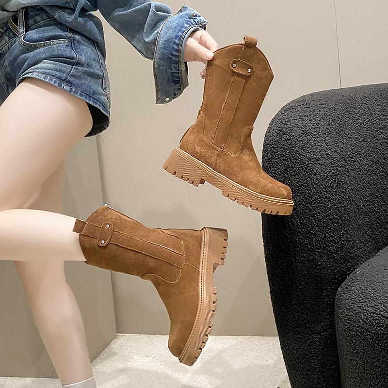 Retro medium boots children's autumn and winter new round head suede thick sole western cowboy boots knight boots