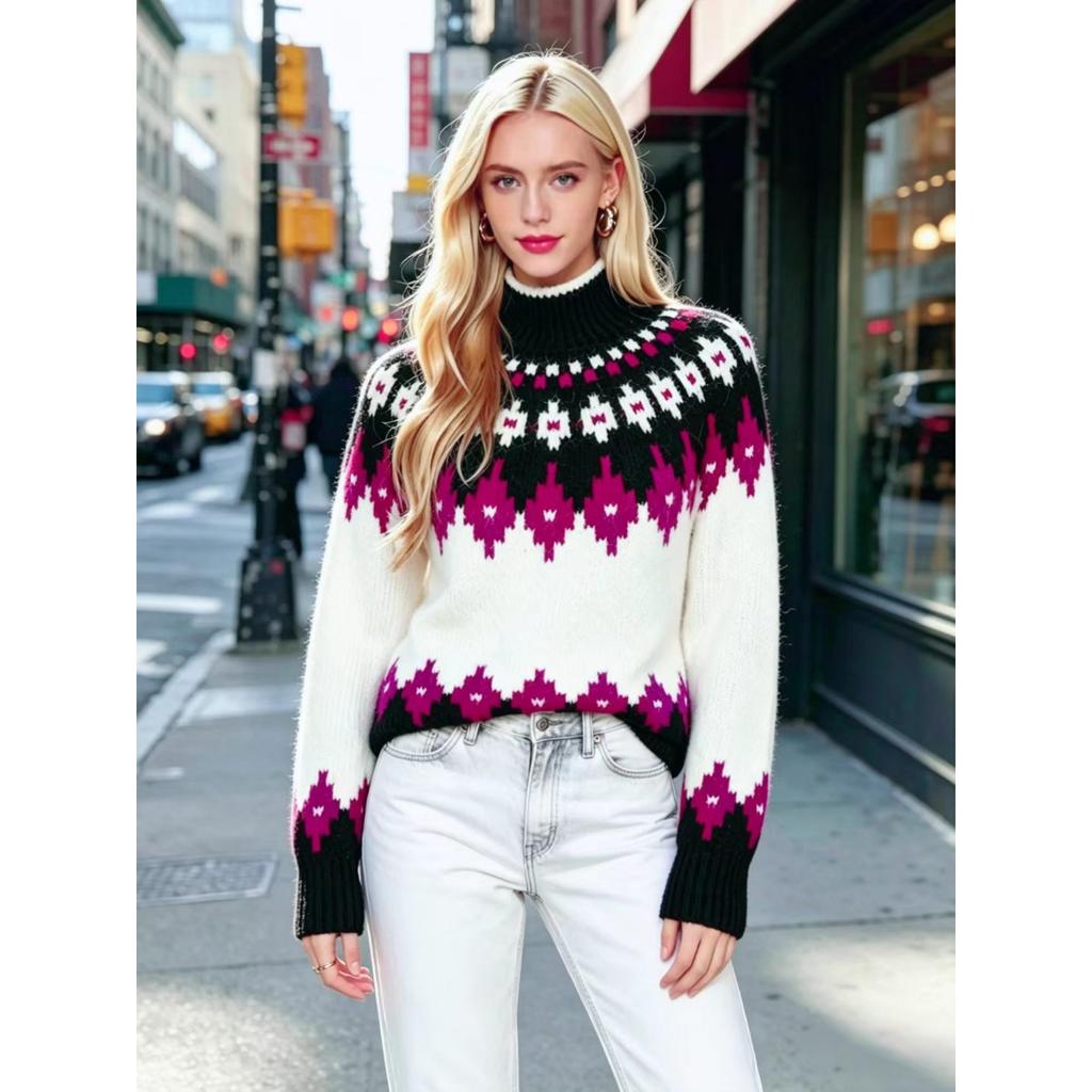 Fall Winter Women's Fair Isle Pattern Half Turtleneck Sweater, Loose Soft Rhombus Jacquard Knit Lazy Top