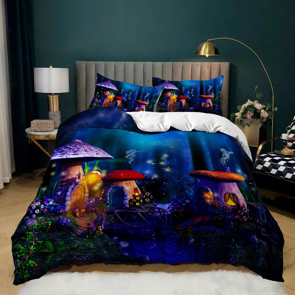 Cartoon Mushroom Kit Bedding Quilt Cover Pillowcase 3D Digital Printing Three-Piece Set