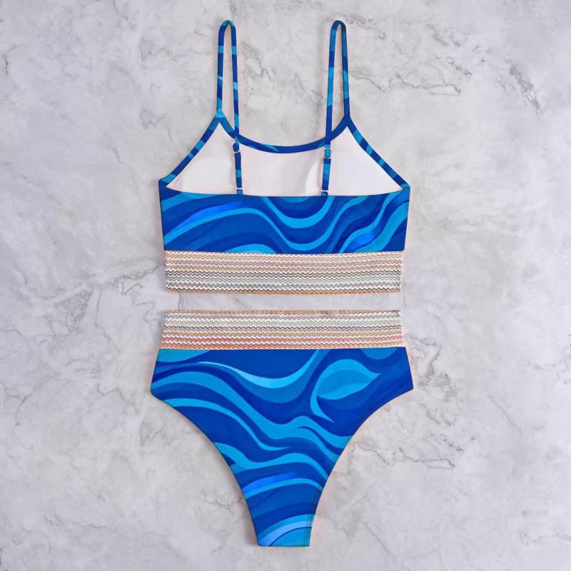 Costume da bagno Donna Pezzo unico Sexy Bikini Vita Alta Stampa Blu Copri pancia Collo Stretto