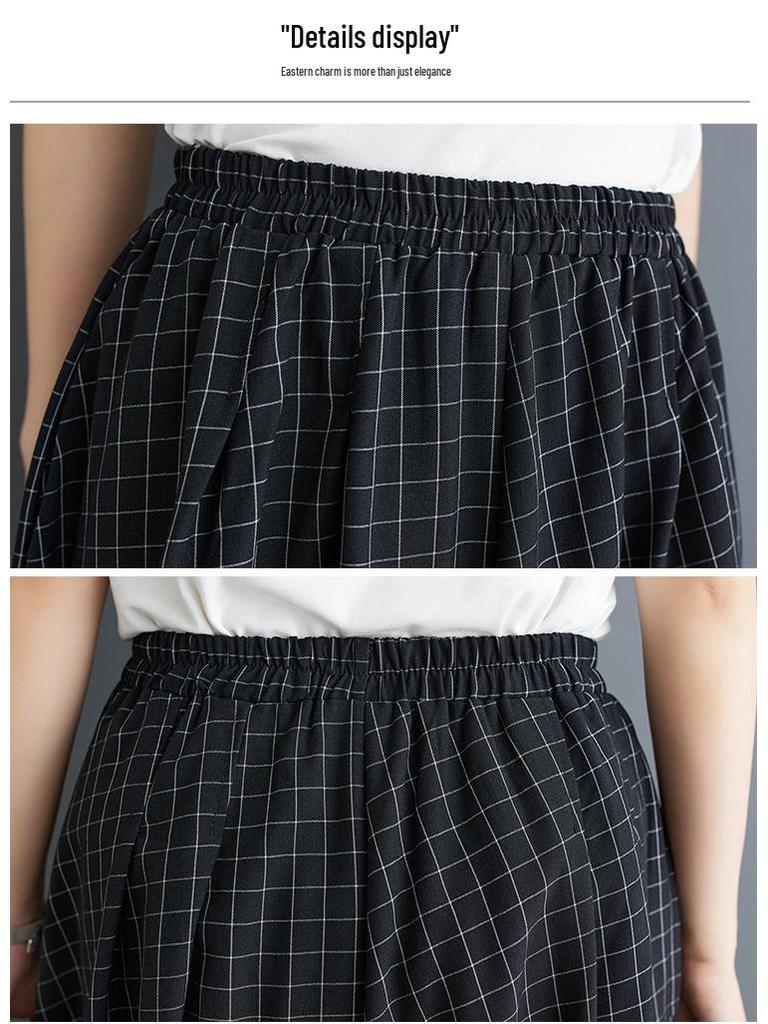 Women's Hepburn Style Plaid Midi Skirt - Three-Piece Dark Irregular A-line for Summer