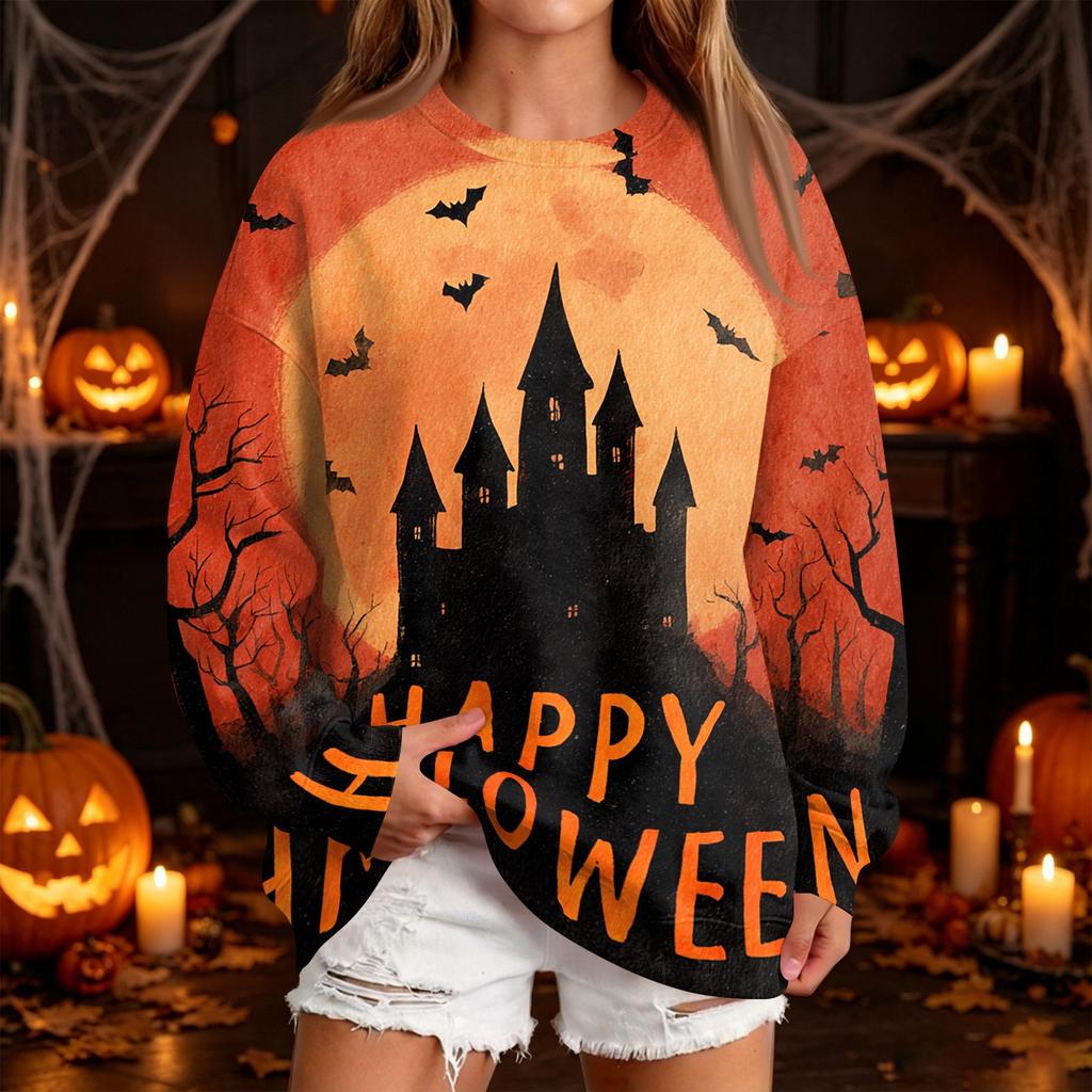 Women's Casual Round Neck Sweatshirt with Halloween Print, Long Sleeve Pullover for Festivals