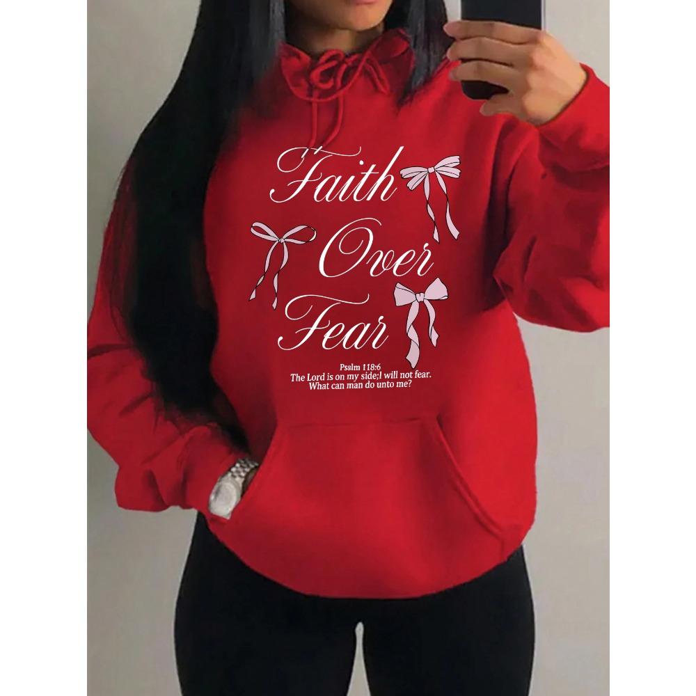 Pink Bow Faith Over Fear Printing Women Hoodies Pocket Loose Hoody Casual Fleece Y2K Hoodie Soft Woman Clothes