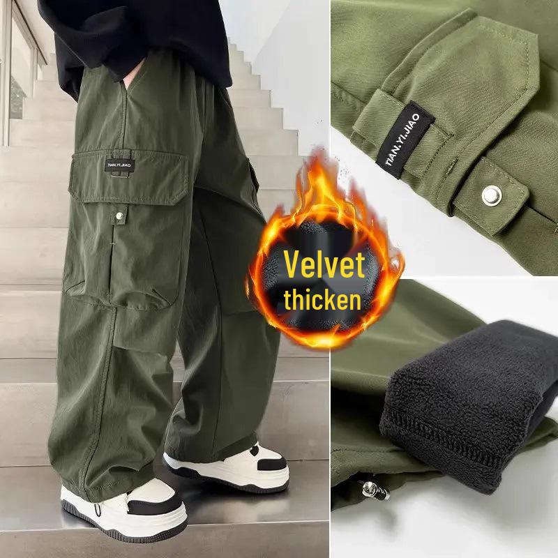 Boys' Stylish Autumn/Winter 2025 Versatile Cargo Pants - Medium/Large, Loose Fit, Plus Velvet Long Trousers
