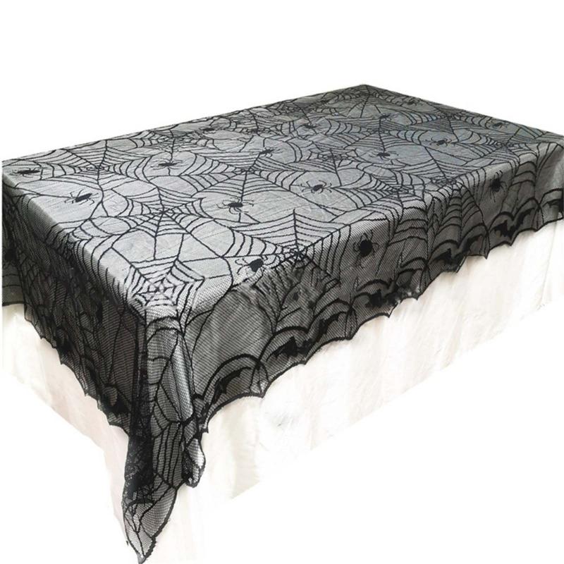Scary Spiderweb Fabric Table Cloth Black Lace Table Cover With Spiderweb Bat Motifs For Home Decors Washable Table Cloth