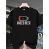 European Size Men's Funny "I NEED BEER" Battery Graphic T-Shirt - Black Casual Summer Tee with Red Power Icon-Lightweight Cotton Shirt for Beer Lovers