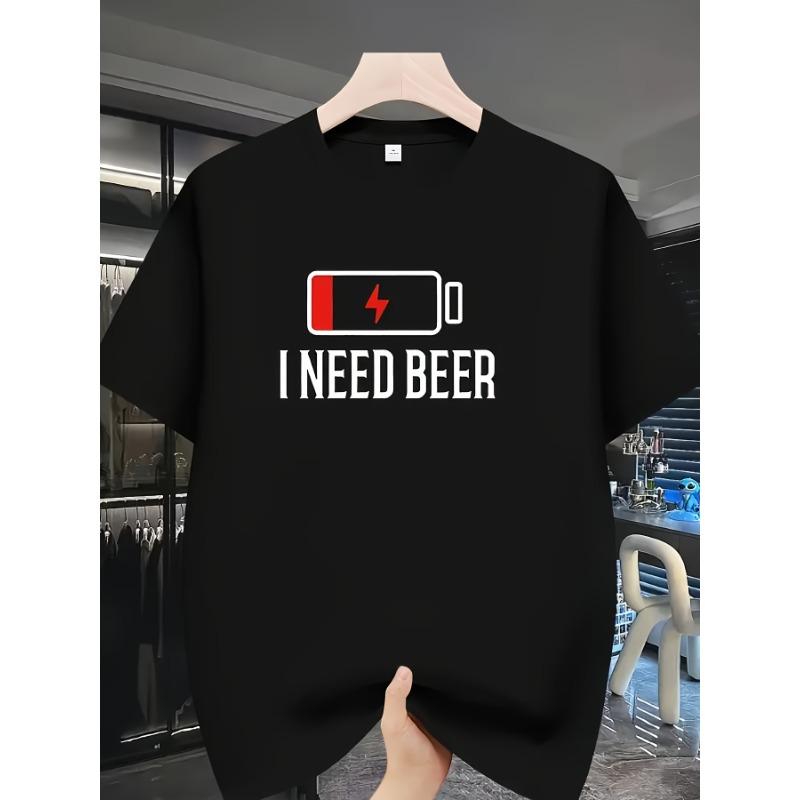 European Size Men's Funny "I NEED BEER" Battery Graphic T-Shirt - Black Casual Summer Tee with Red Power Icon-Lightweight cotton Shirt for Beer Lovers