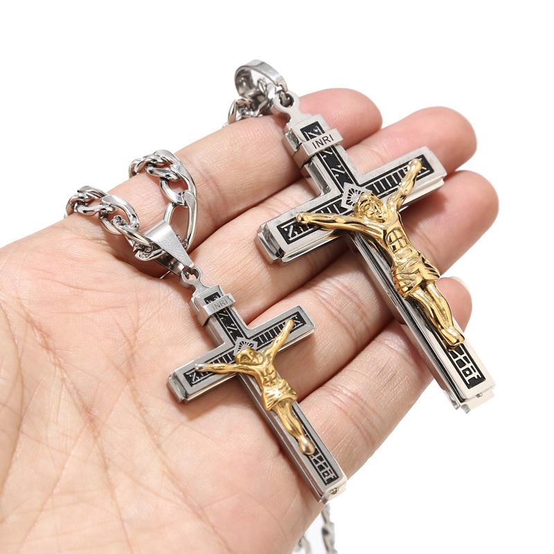 Stainless Steel Large/Small Religious Crucifix Jesus Cross Necklace Pendant Multilayer Jesus Christ Crucifix Necklaces 24''