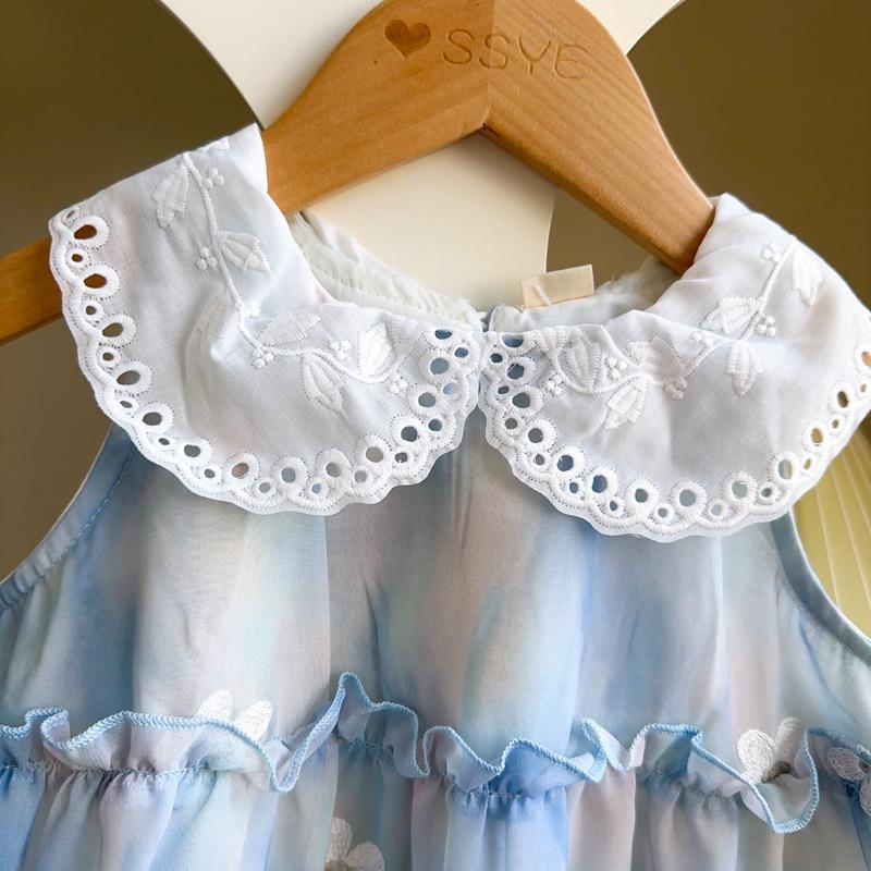 Girls' Floral Embroidered Sleeveless Dress with Peter Pan Collar