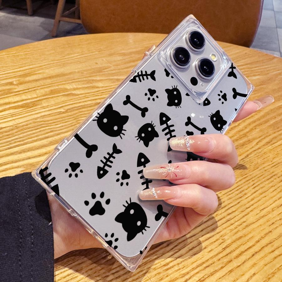Simple and Creative Cute Fish Cat Claw 14 Plus 13 Pro Max 12 11 Rectangular Right Angled Straight Edge 15 Transparent Phone Case for Iphone 16 Promax