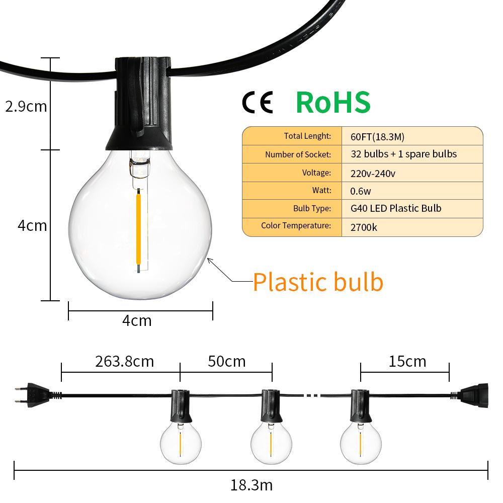 18M 26M Festoon LED String Light G40 Shatterproof Globe Bulb Patio Light Outdoor Garland Light For Garden Wedding Decoration
