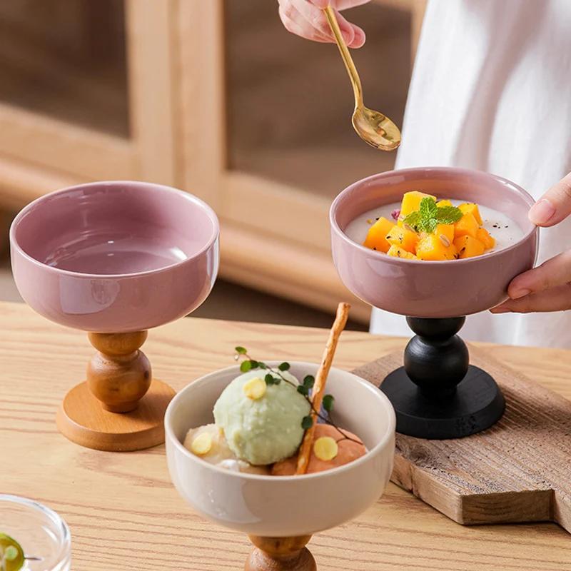 Französische Retro-Dessertschale, hochästhetische Eiscreme-Tasse mit hohem Fuß, kreative hölzerne Schüssel mit hohem Fuß, für Zuhause, Eiscreme-Puddingbecher