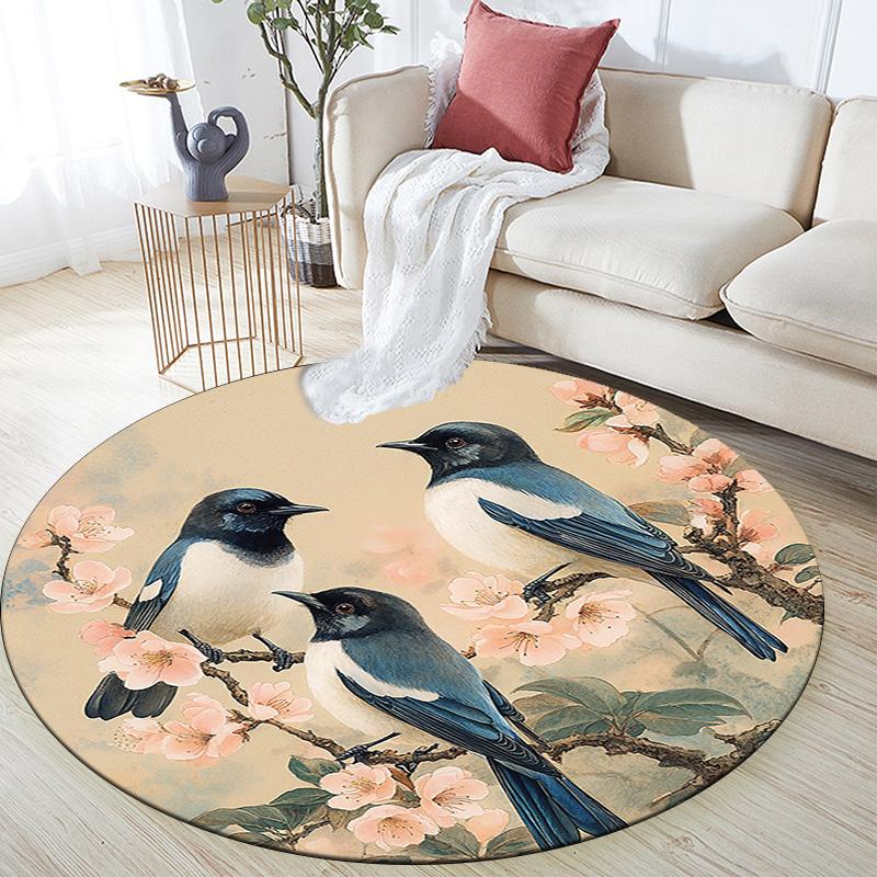 Birds On Branches Round Area Rug,Carpet Rug for Living Room Bedroom Sofa Playroom Decor,Non-slip Floor Mat