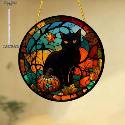 Horror Kasteel Kat Pompoen Esdoornblad Zonenvanger Acryl Hangbord, Kinderkamers, Vintage Woondecoratie Muur voor Bar Keuken, Restaurant Winkel Muurdecoratie, F