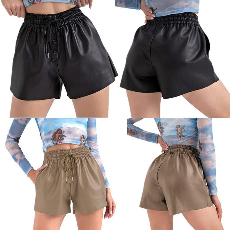 

2023 Women s Shorts Casual Loose Elastic Leather Pants Shorts Black M