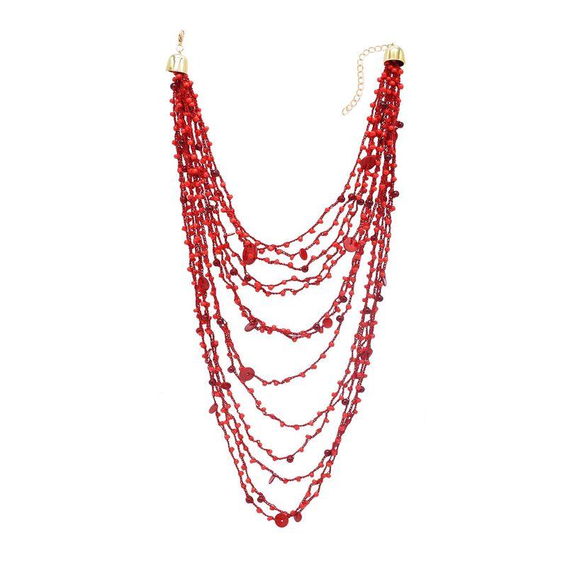 

2026 New European and American Style Multi-Layered Layered Necklace with Small Round Wooden Beads, Exaggerated Holiday Style Clavicle Chain Red