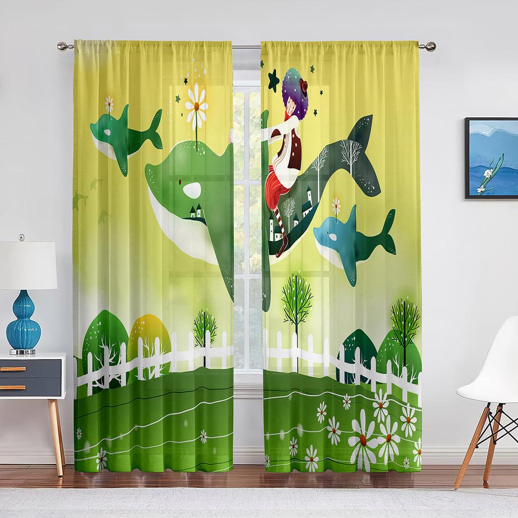 Cartoon Ocean Animal Sheer Voile Curtain Dolphin Sea Lion Whale Window Tulle Curtains for Living Room Kids Bedroom Kitchen Decor