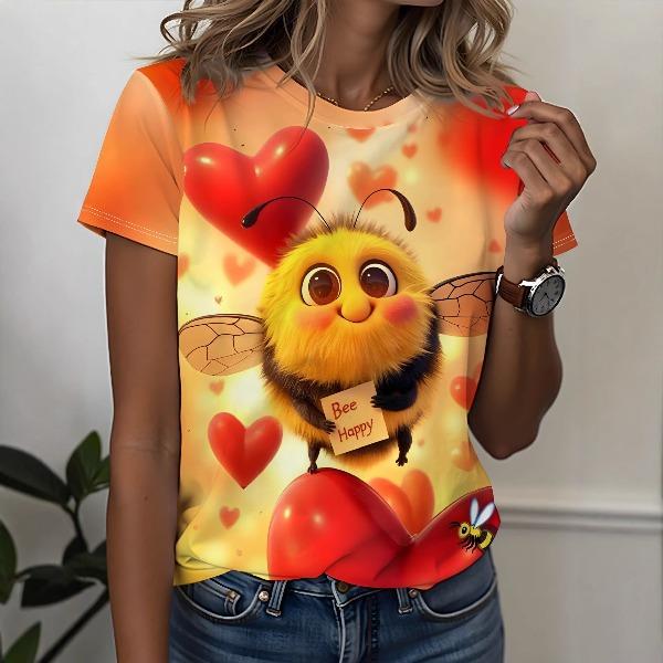 Cute Little Animal Printed Round Neck Short Sleeved T-shirt Soft Comfortable Creative Fun Women's Casual T-shirt