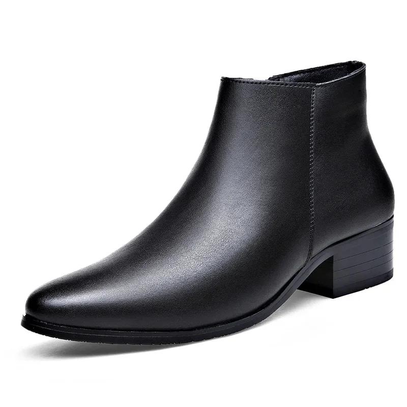 British Business Leather Boots for Men High Heels Pointed Toes and Fleece Chelsea Boots Male Casual Shoes Man