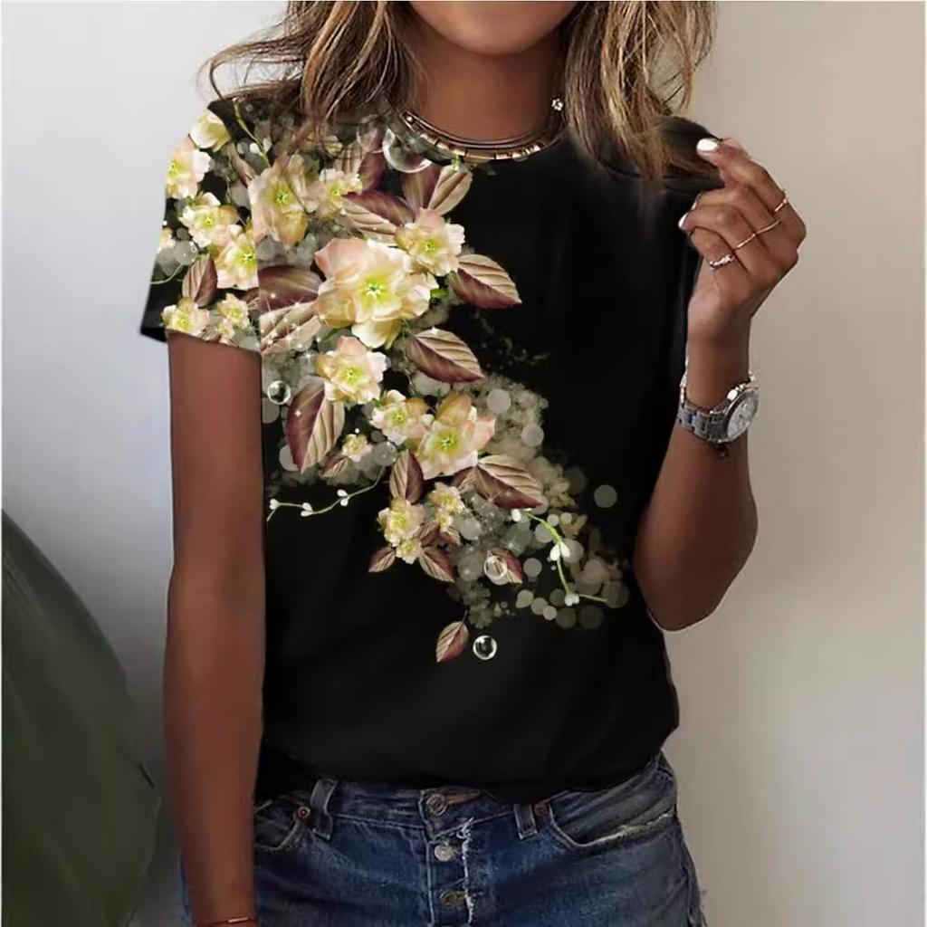 Round Neck 3D Flower Printed T-shirts Fashionable Short Sleeved Women's T-shirts - Soft Medium Stretch Polyester Fabric Summer Relaxed Fit Clothing