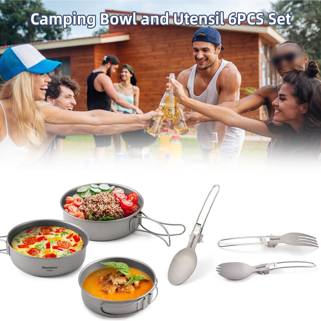 Camping Bowl and Utensil Set 3 Bowls Spoon Fork Combo Titanium Bowl with Folding Handle Ultralight