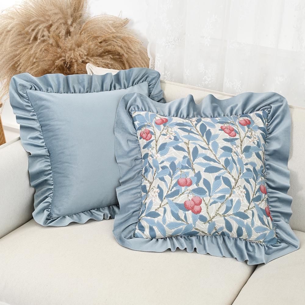 BUYNOW GreenBlue Flowers Jacquard Hollandaise Lace Pillowcase Vintage Pastoral Living Room Sofa Cushion Cover Home Bedroom Decor