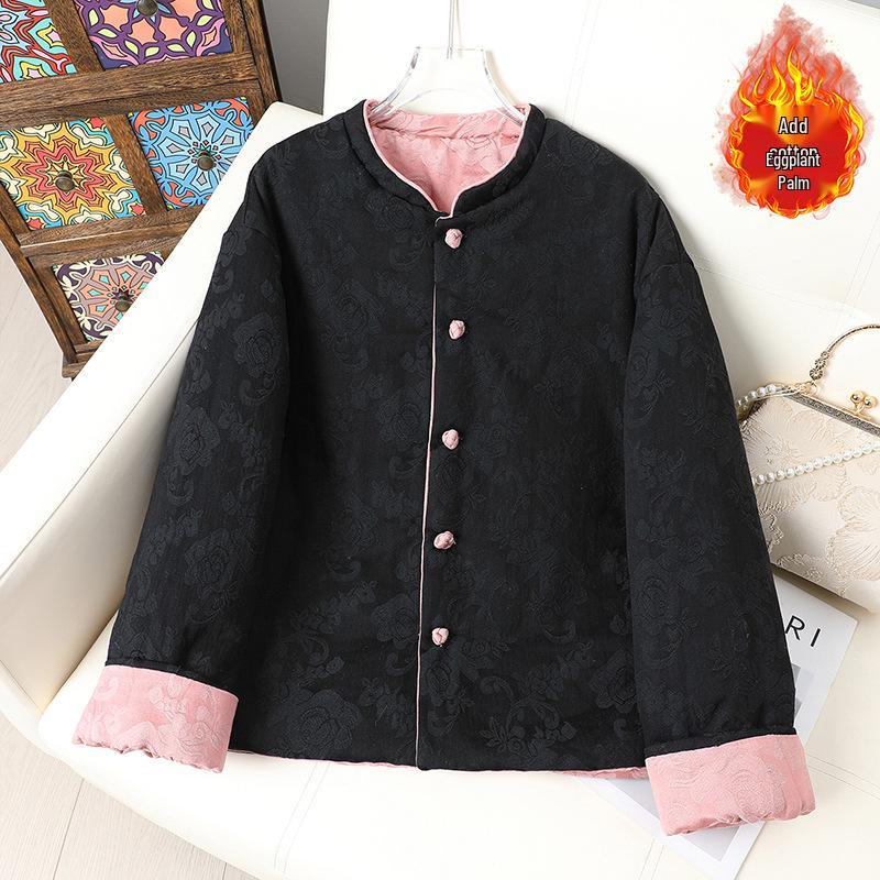 

2025 Autumn/Winter Retro Chinese Style Jacquard Frog Button Reversible Loose Cotton Women s Jacket with Round Neck 3XL чорний