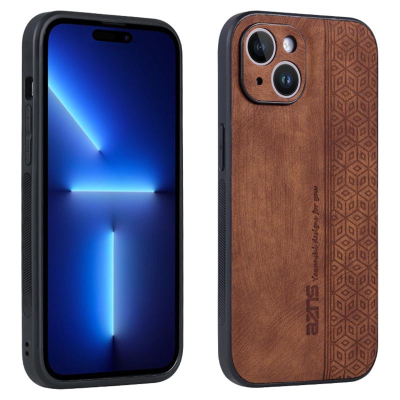 

AZNS For iPhone 15 Imprinted Pattern Phone Case PU Leather Coated TPU Phone Back Cover Brown