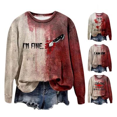 Women Sweatshirt 3D Bloodstain Print Round Neck Casual Halloween Haunted House Cosplay Top Long Sleeves Loose Hoodie