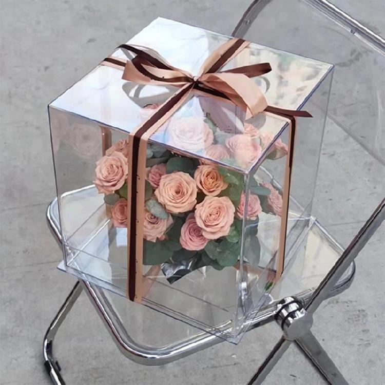 Akryl Transparent Handhållen Bukettlåda Elegant Fyrkantig Transparent Akryl Blomsterhållare Låda Elegant Festpresentbehållare