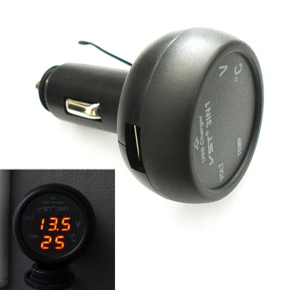 Car Voltmeter Tester 3in1 Digital Voltmeter Thermometer Blue Red LED Display 12/24V 2.1A Cigarette Lighter USB Car Charger