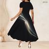 Women Plus Size Round Neck Short Sleeve Black Gold Printed A Line Long Dress