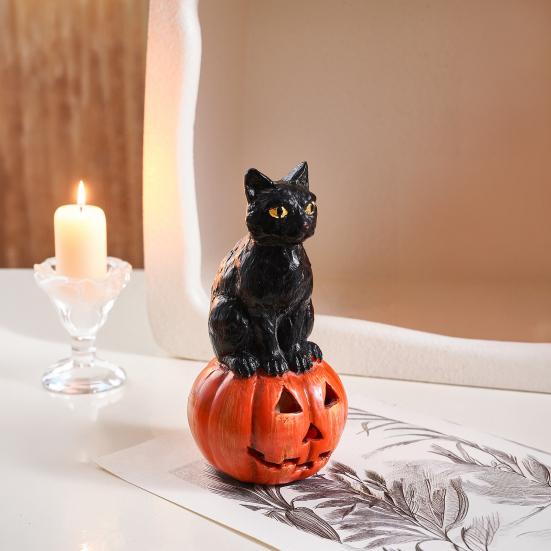 Black Cat Pumpkin Figurine, Resin Halloween Desktop Ornament, Cute Dark Fun Style Decoration for Home Windows Office Party