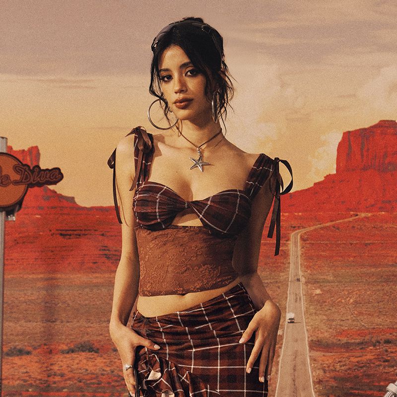 

Decodediva [California Sunset] Plaid Lace Asymmetric Frill Hip Skirt Sling Top Set Tops 175/96A