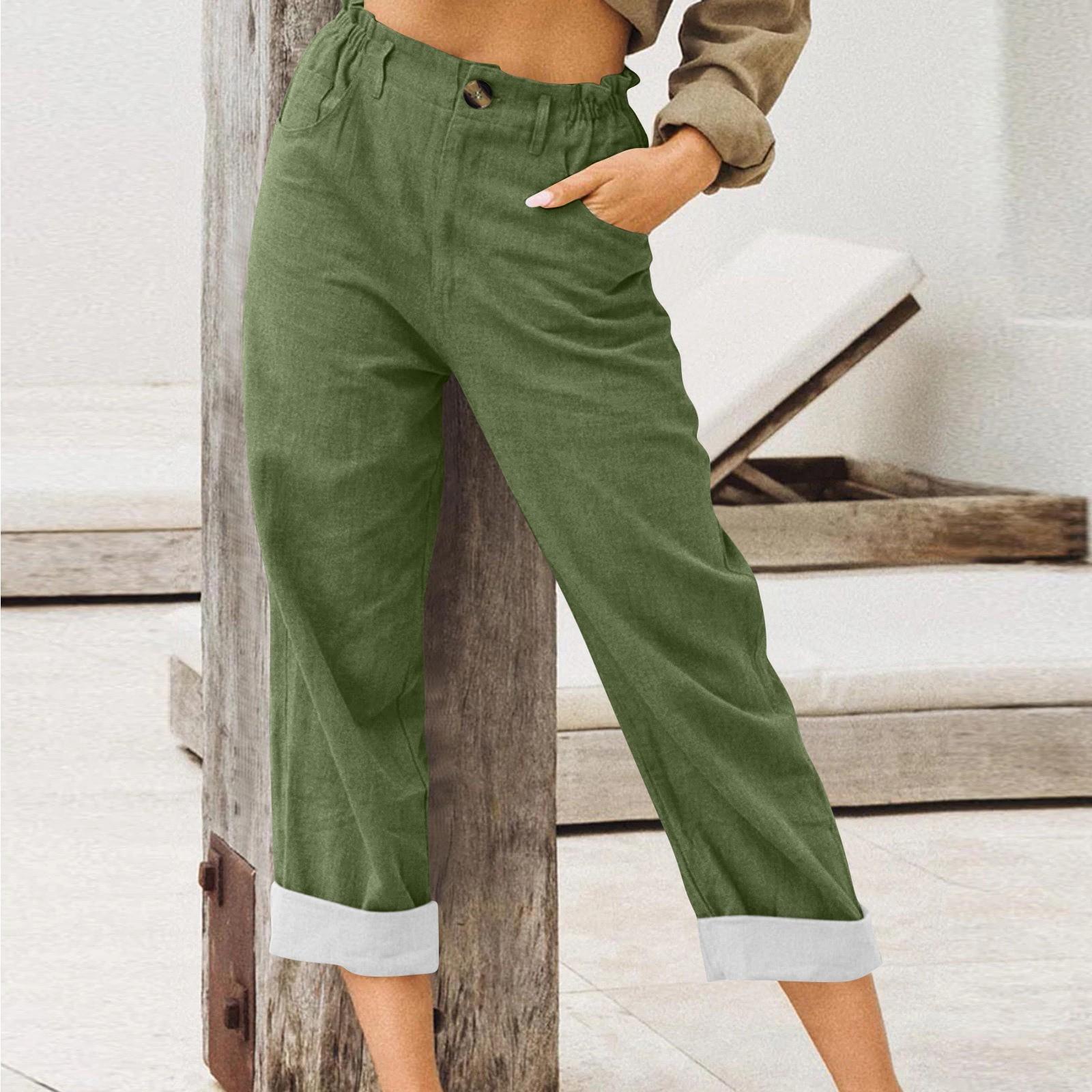 

Женские брюки летние широкие повседневные однотонные брюки с высокой талией и карманами XXL зелёный