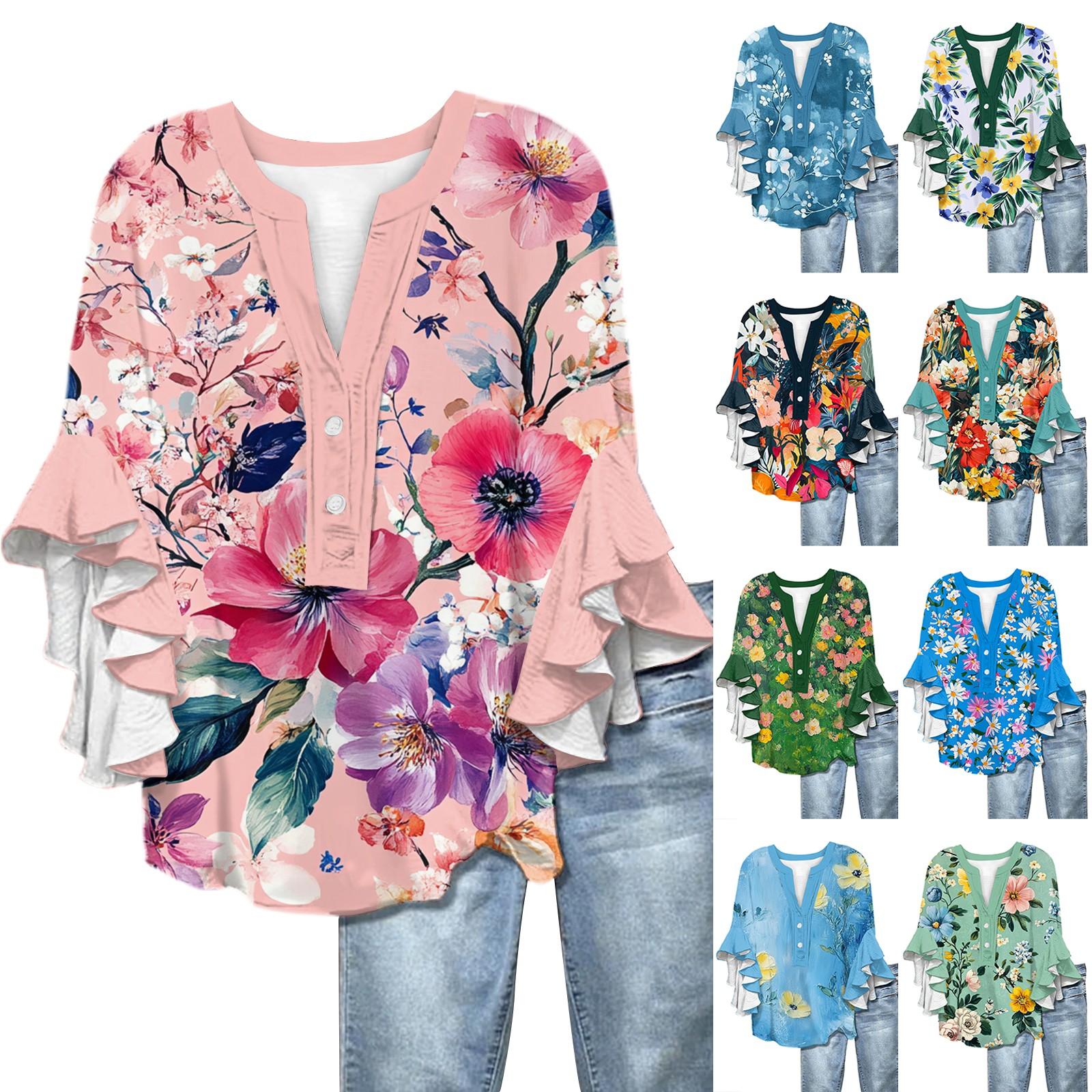 

Літні топи для жінок Милі блузки з V-подібним вирізом та рукавом 3/4 Топ з квітковим принтом Повсякденні сорочки XXL