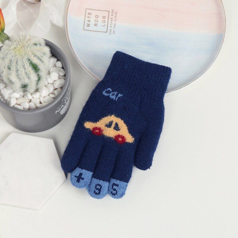 Children Gloves For 4-8 Years Boys Girls Winter Knitted Soft Warm Cartoon Car Full Finger Gloves