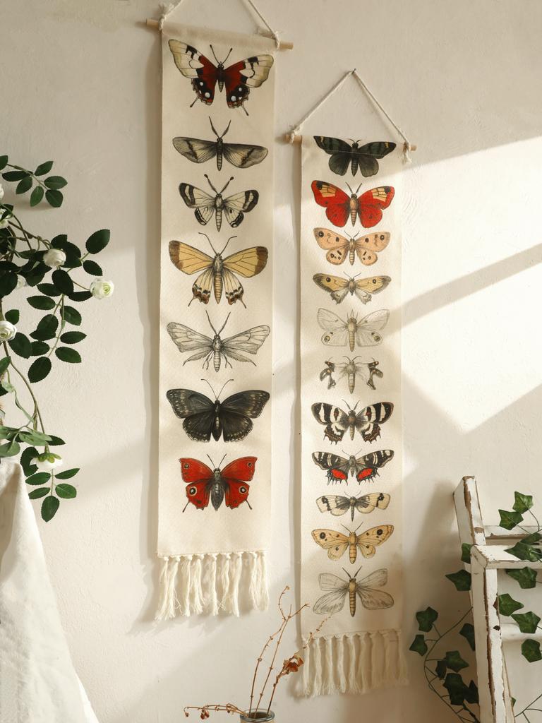 1pc Vintage Boho Butterfly Moth Wall Art Tapestry, Cotton Banner with Tassels – Rustic Nature Home Decor for Living Room Bedroom