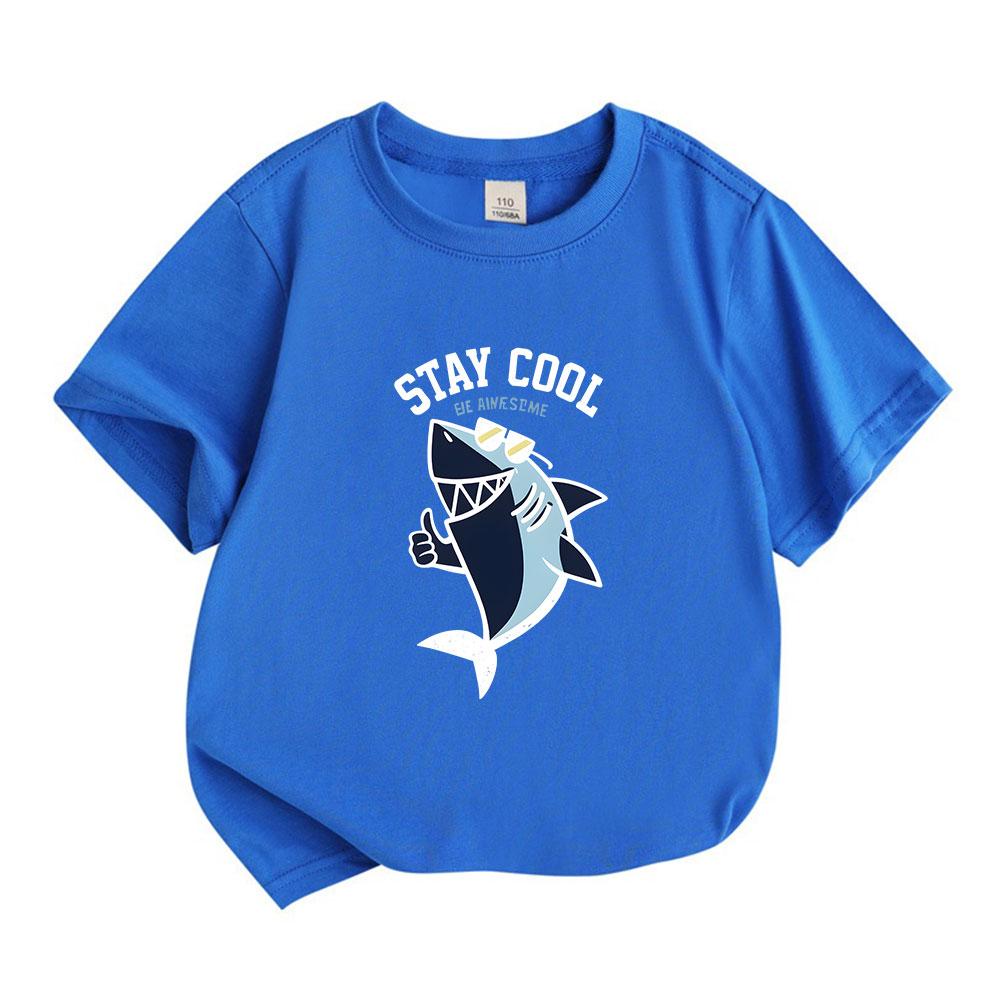 Kids Boys Girls 100% Cotton Crew Neck Short Sleeve T-Shirt, Cool Shark Print Stay Cool Be Awesome Casual Soft Lightweight Summer Tee for Children Dail